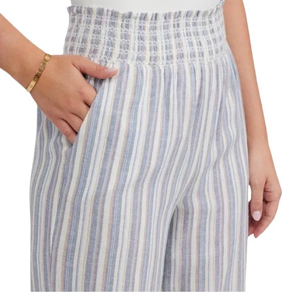 NWOT Ellen Tracy Women's Linen Smocked Wide Leg Pant Blue and Tan Stripe‎ Size S - Picture 6 of 7